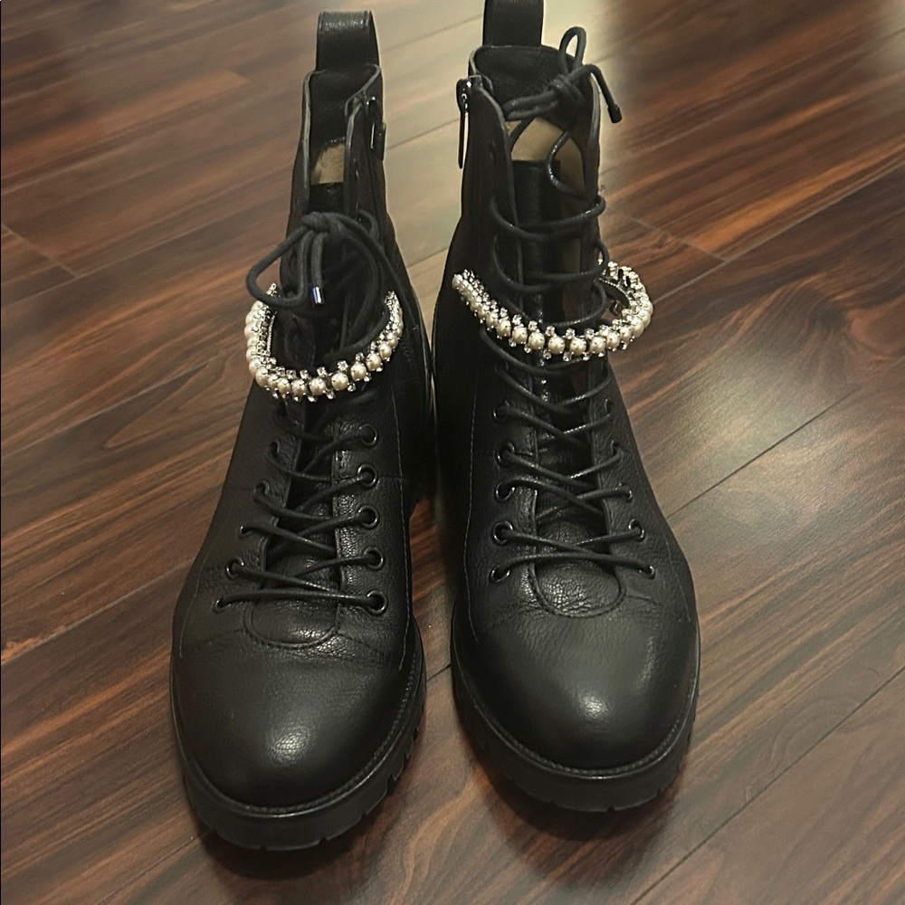 Jimmy Choo Black Combat Boots with Pearl Accent